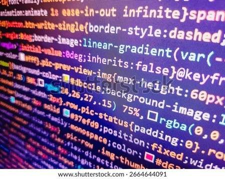 Writing programming website code on laptop. New technology revolution. Mobile app building. Hi-tech modern screen of data, digits and chars on monitor display. HTML5