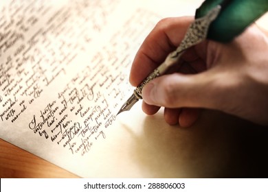 Writing with quill pen last will and testament or concept for law, legal issues or author