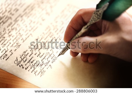 Writing with quill pen last will and testament or concept for law, legal issues or author