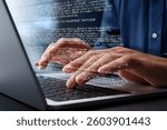 Writing report or article. Preparing documents. Closeup of hands typing on laptop computer keyboard. Writer working at desk in office.