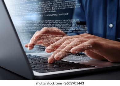 Writing report or article. Preparing documents. Closeup of hands typing on laptop computer keyboard. Writer working at desk in office.