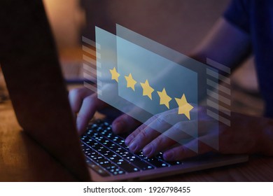 writing review on internet with 5 star rating, reputation management concept