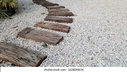 Writing Sapce With Wooden Block Walk Way With Small White Rock Or Pebble. Concept Of Path Way. Creative Garden Or Lawn Or Patio Idea Of Landscaping.