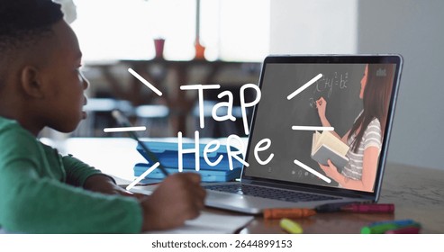 Writing school-aged boy doing math at home desk, with digital chalkboard on laptop, copy space. Children, e-learning, educational, digital, classroom, study, creativity - Powered by Shutterstock - Get 15% off with code: PIKWIZARD15