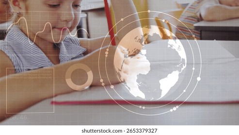 Writing student at school desk with notebook pencil and digital globe graph overlay, copy space. Education, technology, innovation, learning, classroom, youth, digital