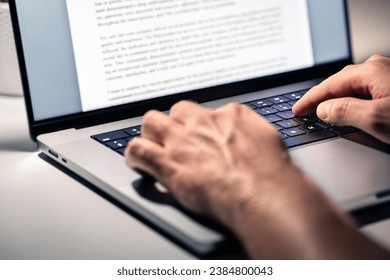Writing text document, online content, book, letter or essay. Writer, journalist or freelance columnist with laptop. Resume, news article, report or college application. Freelancer, editor or employee