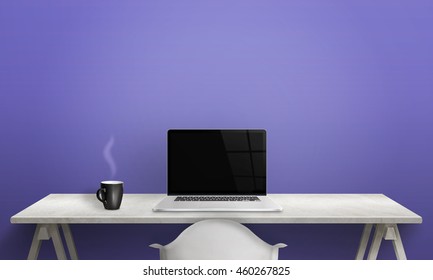 Writing And Working On A Laptop. Clean Scene Of The Desk In Office Or Room. Blank Screen For Mock Up.