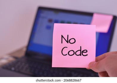 Written On Note Paper No Code. No Code Development, Computer Screen. Selective Focus