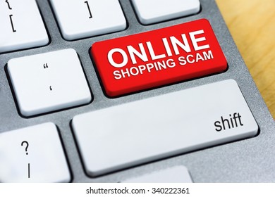 Written Word Online Shopping Scam On Red Keyboard Button. Online Protection And Internet Security Concept.