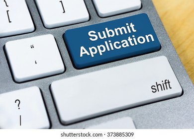 Written Word Submit Application On Blue Keyboard Button. Online Submission Concept