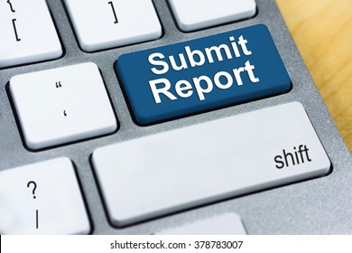 Written Word Submit Report On Blue Keyboard Button. Online Submission Concept
