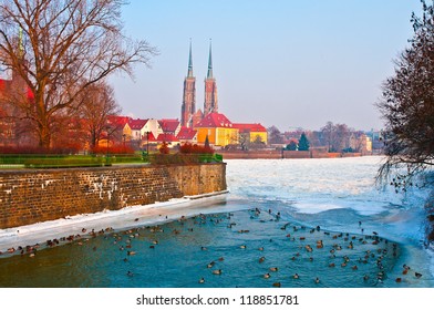 Wroclaw Panorama In Winter With Ducks In Odra River