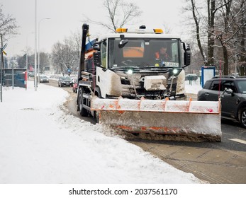 Wroclaw, Poland, 02 February 2021 - Snow Blower Cleaning City Road After Snowfall