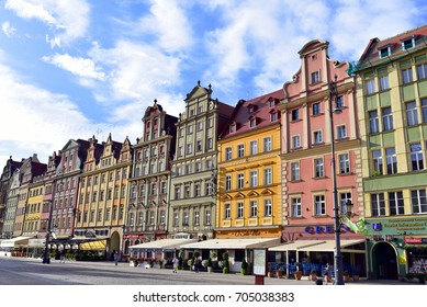 WROCLAW - POLAND / 31.07.2017: Poland Silesia Wroclaw, market place gable-houses,  Old Town houses