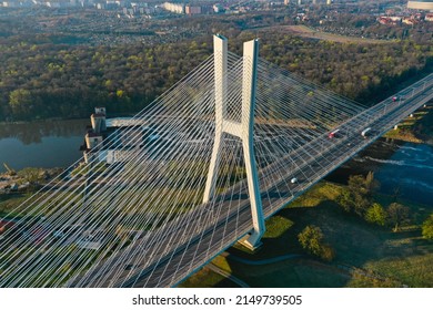 Wroclaw, Poland - April 2016 : Aerial view of The Redzinski Bridge (Polish: Most Rędziński) a cable-stayed bridge spanning the Oder river. Section of the A8 motorway bypassing Wroclaw. 