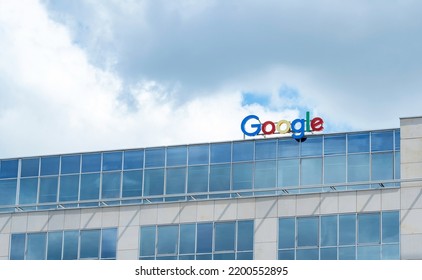 Wroclaw, Poland - April 2022: Wroclaw, Poland, Google Company Office Building Exterior Logo Symbol Detail, Closeup, Nobody, No People. Google Enterprise Business Brand Logo, Office In The City