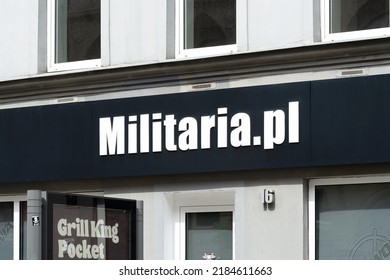 Wroclaw, Poland - April 2022: Militaria.pl Store Front, Brand Signage, Logo Detail, Closeup, Nobody. Military Accessories Business, Military Equipment Store, No People