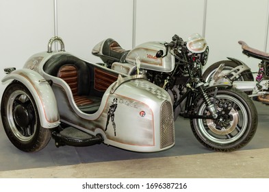 WROCLAW, POLAND - August 11, 2019: USA Cars Show: Vintage Gray Honday Bike With Side Car.
