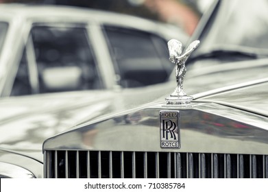 WROCLAW, POLAND -  AUGUST 19th, 2017: Hood Ornament On A Vintage Rolls Royce Car. Rolls-Royce Is A British Luxury Car And Aero Engine Manufacturing Business Founded In 1904