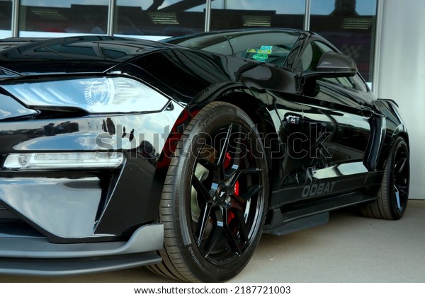 Wroclaw, Poland, August 22, 2022 powerful black\
Ford Mustang