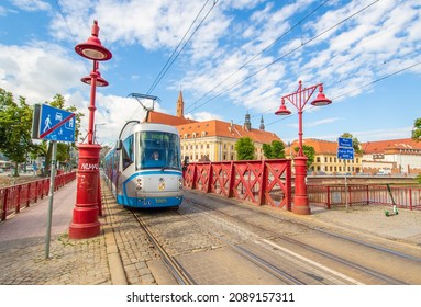 Wroclaw, Poland - December 05th 2021 - crossed by the Oder River, Wroclaw displays a large number of colorful bridges, which are a main landmark of the town. Here in particular a typical iron bridge