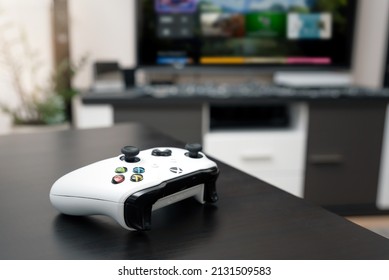 Wroclaw, Poland - JAN 12, 2022: XBOX One Controller On Table. XBOX Is Popular Gaming Console From Microsoft