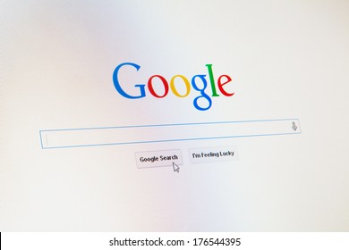 WROCLAW, POLAND - JANUARY 10, 2014: Google.com Homepage With A Cursor On The Search Button