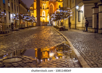 Wroclaw, Poland, January 14, 2018. Christmas Cityscape - View On Reflection In Water Of The Cathedral Of St. John The Baptist, The Ostrow Tumski Old District Of Wroclaw, Lower Silesia  Province, Polan