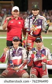 WROCLAW, POLAND - JULY 29, 2017: Speedway Turnament During The World Games 2017. Decoration Of Gold Medalist Marek Cieslak (manager), Patryk Dudek (20) , Maciej Janowski (12) And Bartosz Zmarzlik.