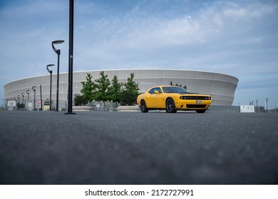 Wroclaw, Poland - June 1, 2019: Dodge Challenger Inf Front Of Sports Stadium