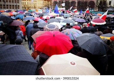 Wroclaw, Poland, March, Twelfth, Social Protest Versus Devastation Of The Constitution, Rainy Day Polish Democracy