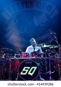 WROCLAW, POLAND - MAY 1, 2016: Leon Cave Of Status Quo Band During Concert Guitar Guinness World Record.