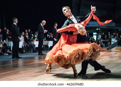 Wroclaw, Poland - May 14, 2016: An unidentified dance couple in dance pose during World Dance Sport Federation European Championship Standard Dance, on May 14 in Wroclaw, Poland