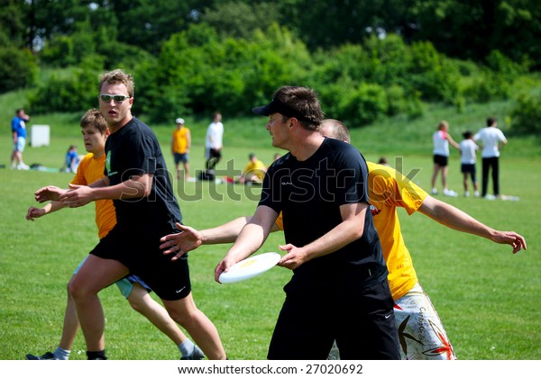 WROCLAW, POLAND - MAY\
24, 2008: Ultimate Frisbee Tournament participants on May 24, 2008\
in Wroclaw, Poland.