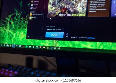 WROCLAW, POLAND -  SEPTEMBER 04th, 2018 Close up of World of Warcraft play button on battle.net application.  Blizzard Battle.net is an Internet-based online gaming platform developed by Blizzard.