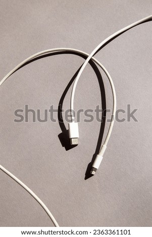 Wroclaw, Poland - September 18, 2023: the Lightning and Type-C wires on a gray background with hard shadows. The new iPhone 15 has changed the type of charging wire.