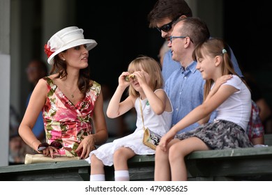 WROCLAW, POLAND - SEPTEMBER 4; 2016: Horse Racing - Grand Wroclawska Prize Airport Wroclaw At Racecourse WTWK Partynice. People On The Tribune. 