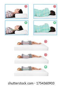 Wrong And Correct Sleeping Posture. Choose Right Pillow And Mattress 