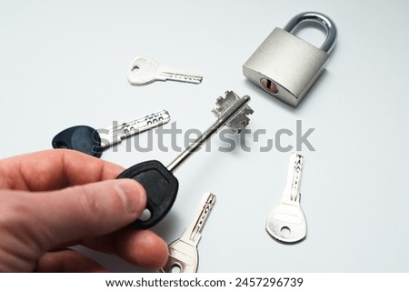 Wrong key for the lock with copy space. Incorrect system security key or password. Choice of right decision concept .