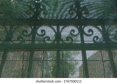 Wrought iron antique fence railings behind transparent debris netting.