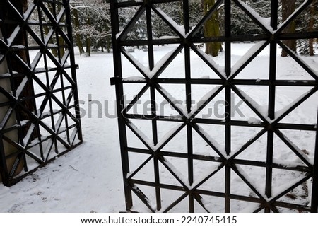 wrought iron heavy gate to the park. blacksmith work lattice door with two wings. massive iron products from a local blacksmith shop. star shape, grid, cross, cemetery