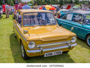 Wroxham, Norfolk, UK – July 21 2019. Front view of a Hillman Imp vintage car on display at the annual classic and vintage car show in Wroxham, Norfolk, UK