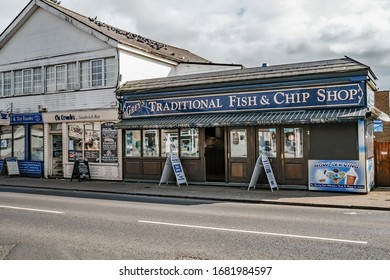  Wroxham, Norfolk, UK – March 07 2020.  The fish and chip shop near Wroxham bridge in the village of Hoveton and Wroxham
