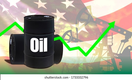 WTI. Price American Oil Is Rising. Concept - Shale Oil Production Growth. West Texas Intermediate Oil. Black Barrels Of Nafony Of USA Flag. Concept - Graph Shows Forecast For Fuel Imitation. Flag US