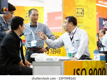 Wuhan, China - May 10, 2019: China International Advanced Automobile Manufacturing Technology Conference, Hong Kong Pavilion Booth, Visitors Are Negotiating Business.