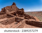 Wupatki National Monument in Arizona. Wupatki Pueblo, a multi-room pueblo built on natural rock outcrop by Ancient Pueblo People, (Cohonina, Kayenta, and Sinagua) from local red Moenkopi sandstone.