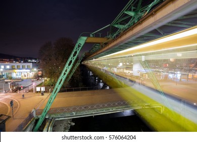 Wuppertal Germany Schwebebahn Train Lights At Night