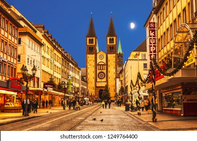 WURZBURG, BAVARIA, GERMANY - DECEMBER 23, 2012: Christmas Wurzburg With Cathedral St. Kilian At Night, Bavaria, Germany