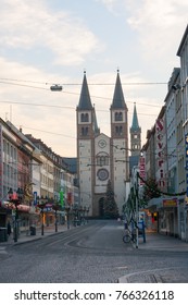 WURZBURG/ GERMANY - DECEMBER 14, 2008: View On Pavement Street With Wurzburger Saint Kilian Cathedral (1040) And Christmas Fir In Front  Morning On December 14, 2008 In Wurzburg.
