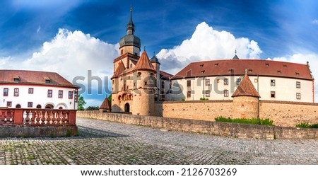 Wurzburg, Germany. Panoramic view of Scherenberg Gate, Marienberg old town, touristic attraction in Bavaria.
